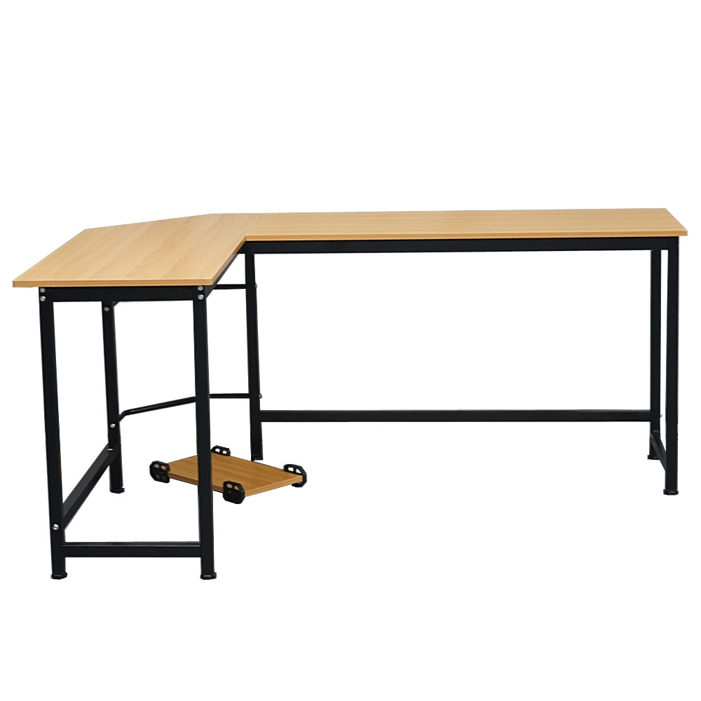 L-shaped desk side view showing the two shelves and foot pedals